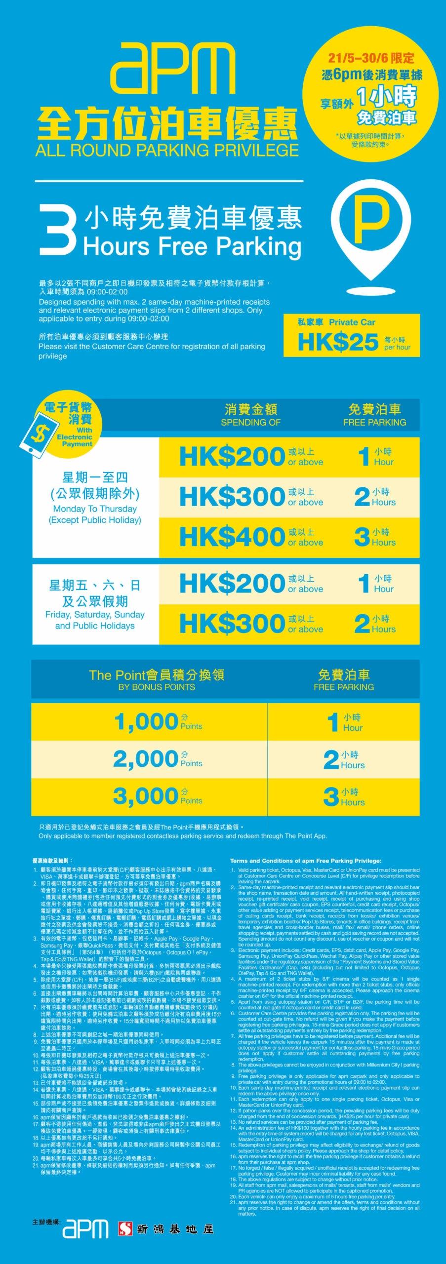 apm全方位泊車優惠-額外1小時免費泊車