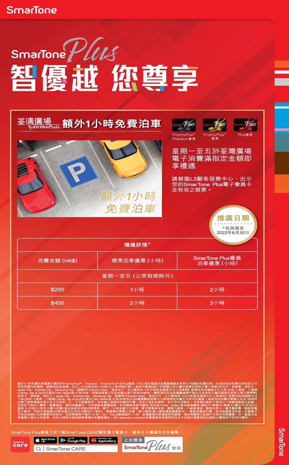 SmarTone Plus 荃灣廣場額外一小時泊車優惠